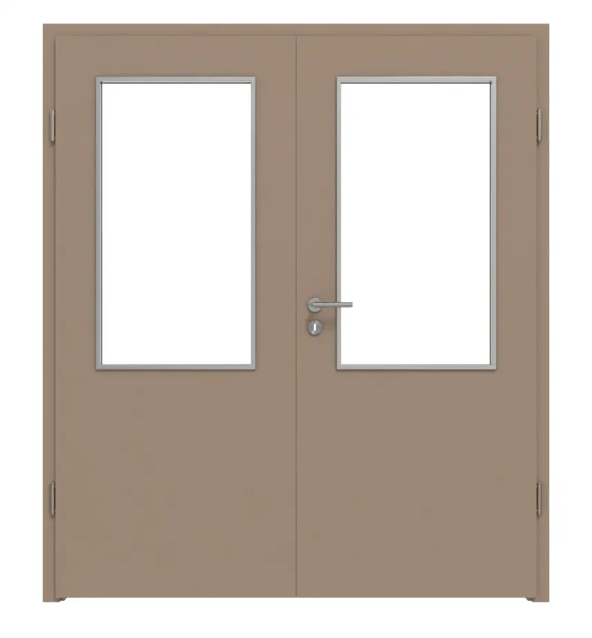 Widok frontowy drzwi dwuskrzydłowych WESTAG Acciaio Hamilton FX 5000 Fenix NTA z przeszkleniem LA-100 i ościeżnicą.