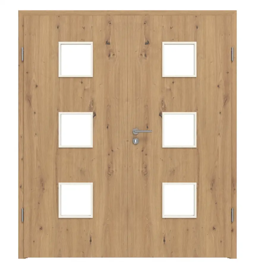 WESTAG drzwi dwuskrzydłowe Artis dąb Ei 793 Portalit CPL z wycięciem na szybę LA-3 w zestawie z ościeżnicą