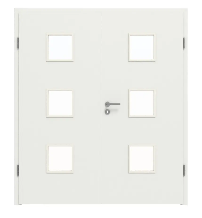 WESTAG drzwi dwuskrzydłowe sira biały (podobny do RAL 9003) WestaLack Soft z przeszkleniem LA-3 z ościeżnicą