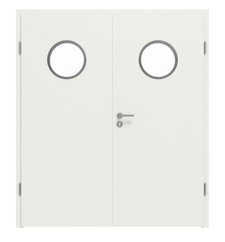 WESTAG drzwi dwuskrzydłowe sira biały (podobny do RAL 9003) WestaLack Soft z przeszkleniem bulaj LA-KR 350 z ościeżnicą