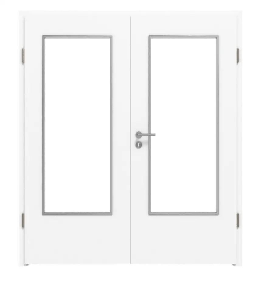 Widok frontowy drzwi dwuskrzydłowych WESTAG Acciaio Hamilton FX 5000 Fenix NTA z przeszkleniem LA-DIN wraz z ościeżnicą