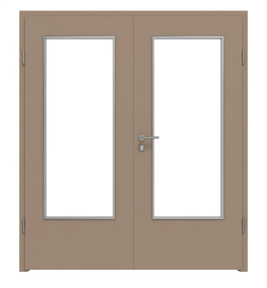 Widok frontowy drzwi dwuskrzydłowych WESTAG Acciaio Hamilton FX 5000 Fenix NTA z przeszkleniem LA-DIN wraz z ościeżnicą