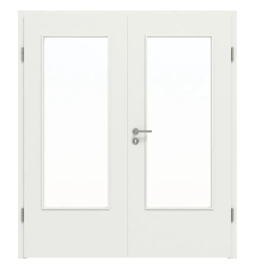 WESTAG drzwi dwuskrzydłowe sira biały (podobny do RAL 9003) WestaLack Soft z wycięciem na szybę LA-DIN z ościeżnicą