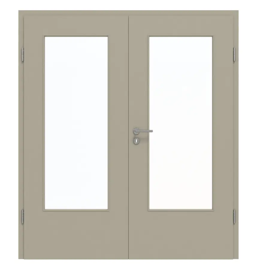 Widok frontowy drzwi dwuskrzydłowych firmy GARANT z ościeżnicą, matowy szary jedwabisty 7044 G-TEC z przeszkleniem LA-DIN.