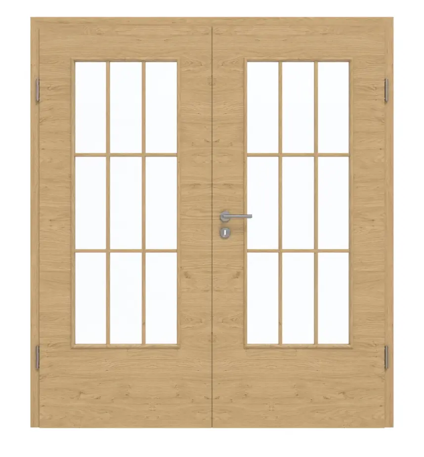 Drzwi dwuskrzydłowe GARANT wraz z ościeżnicą układ poprzeczny Authentic z dąb z sękami CePaL z przeszkleniem LA-DIN i szprosy SP2