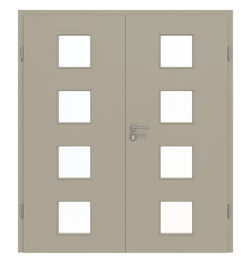 Widok frontowy drzwi dwuskrzydłowych marki GARANT z ościeżnicą, matowy szary jedwabisty 7044 G-TEC z wycięciem na szybę LA-10