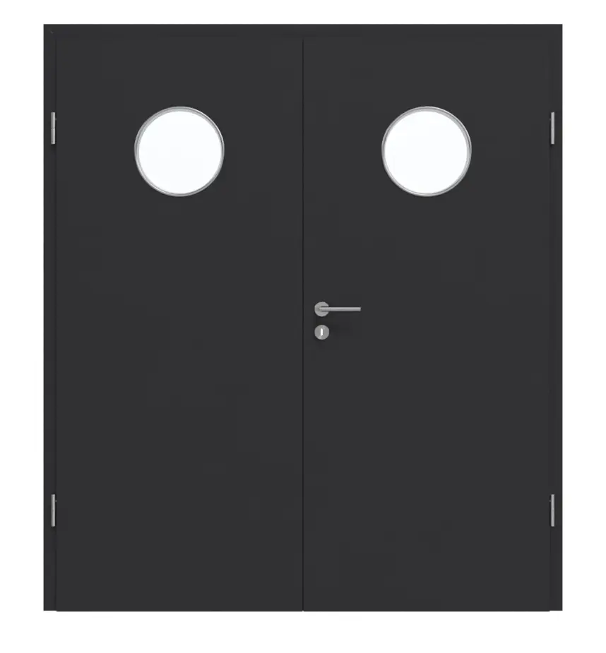 Widok frontowy firmy GARANT drzwi dwuskrzydłowe z ościeżnicą matowy RAL 9005 G-TEC z przeszkleniem LA-12