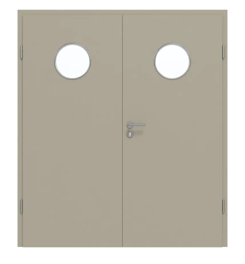 Widok frontowy drzwi dwuskrzydłowych firmy GARANT z ościeżnicą matowy szary jedwabisty 7044 G-TEC z przeszkleniem LA-12