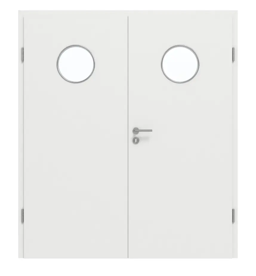 Widok frontowy marki GARANT drzwi dwuskrzydłowe z ościeżnicą, biały lakier matowy 9016 G-TEC z przeszkleniem LA-12