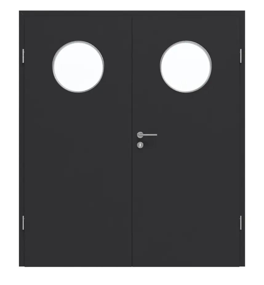 Widok frontowy marki GARANT drzwi dwuskrzydłowe z ościeżnicą matowy RAL 9005 G-TEC z wycięciem na szybę LA-13