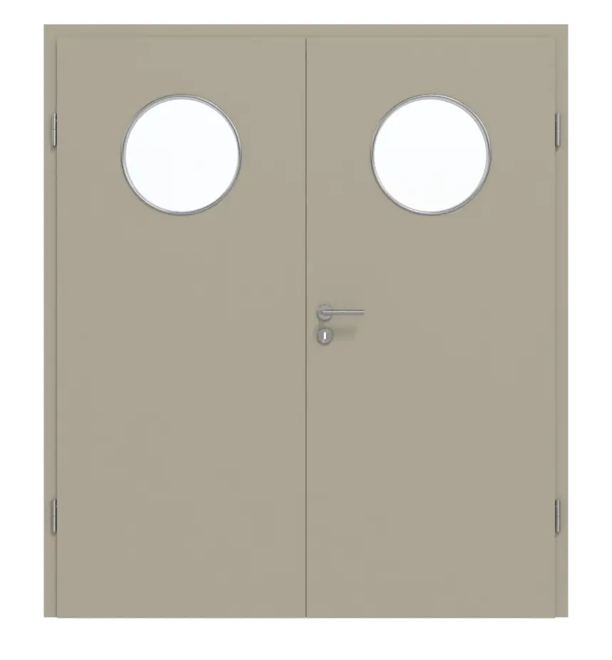 Widok frontowy drzwi dwuskrzydłowych GARANT z ościeżnicą, matowy szary jedwabisty 7044 G-TEC z przeszkleniem LA-13