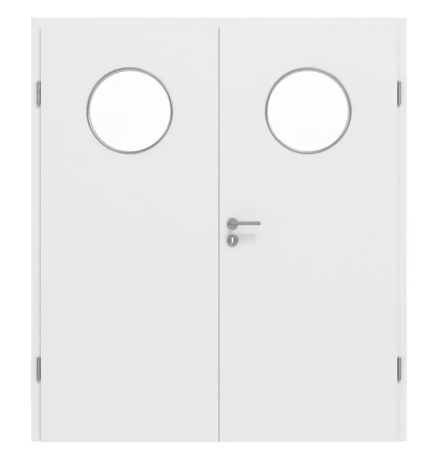 Widok frontowy marki GARANT – drzwi dwuskrzydłowe z ościeżnicą, biały lakier matowy 9016 G-TEC z przeszkleniem LA-13