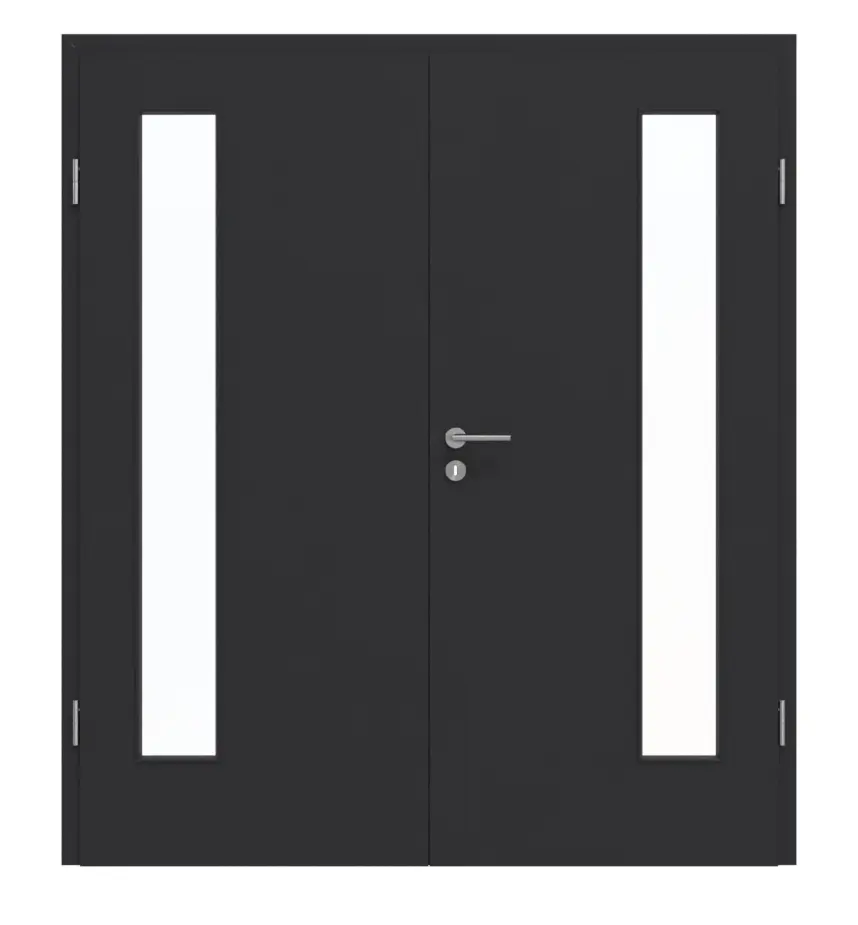 GARANT drzwi dwuskrzydłowe z ościeżnicą matowy RAL 9005 G-TEC z przeszkleniem LA-4 po stronie zawiasów