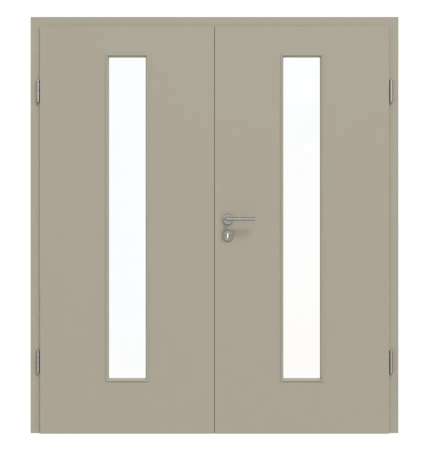 Drzwi dwuskrzydłowe GARANT z ościeżnicą w kolorze szary jedwab matowy 7044 G-TEC z centralnym przeszkleniem LA-4