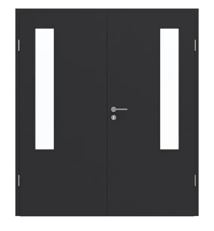 GARANT drzwi dwuskrzydłowe z ościeżnicą, matowy RAL 9005 G-TEC z przeszkleniem LA-5 po stronie zawiasów