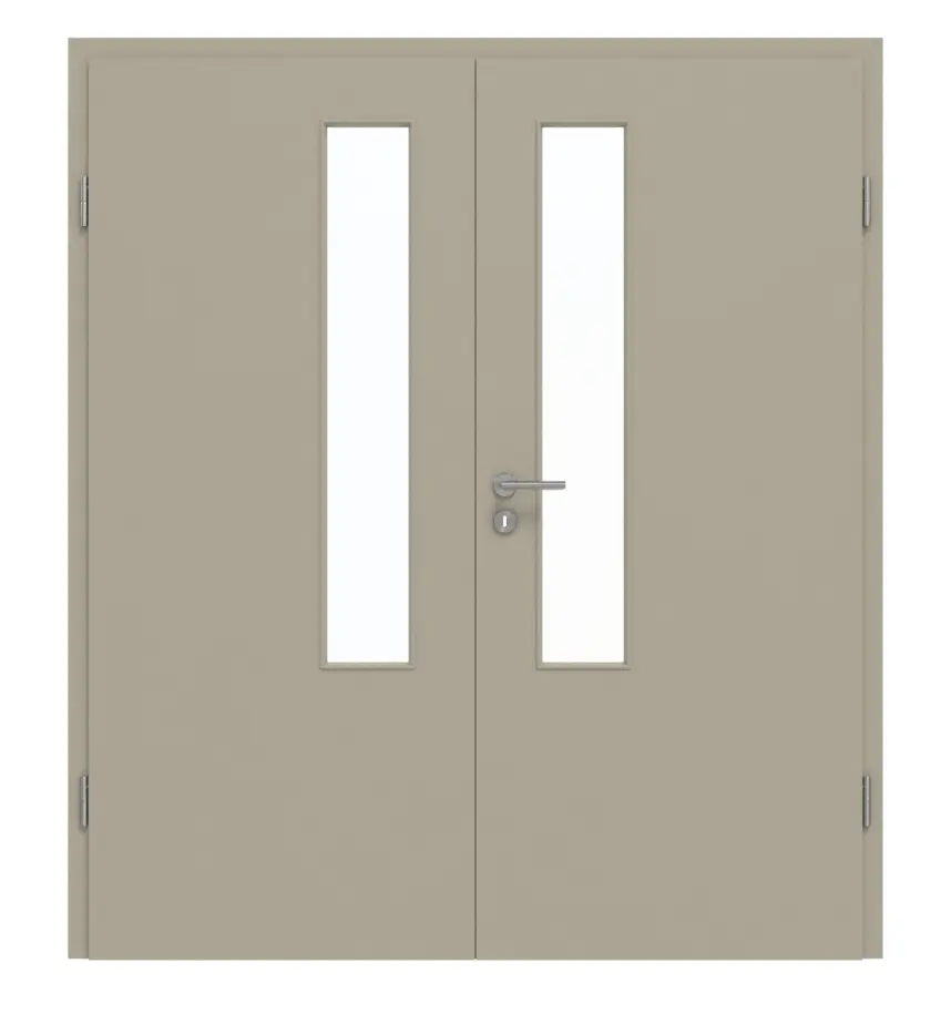 Widok frontowy drzwi dwuskrzydłowych GARANT z ościeżnicą, matowy szary jedwabisty 7044 G-TEC z przeszkleniem LA-5 od strony zamka