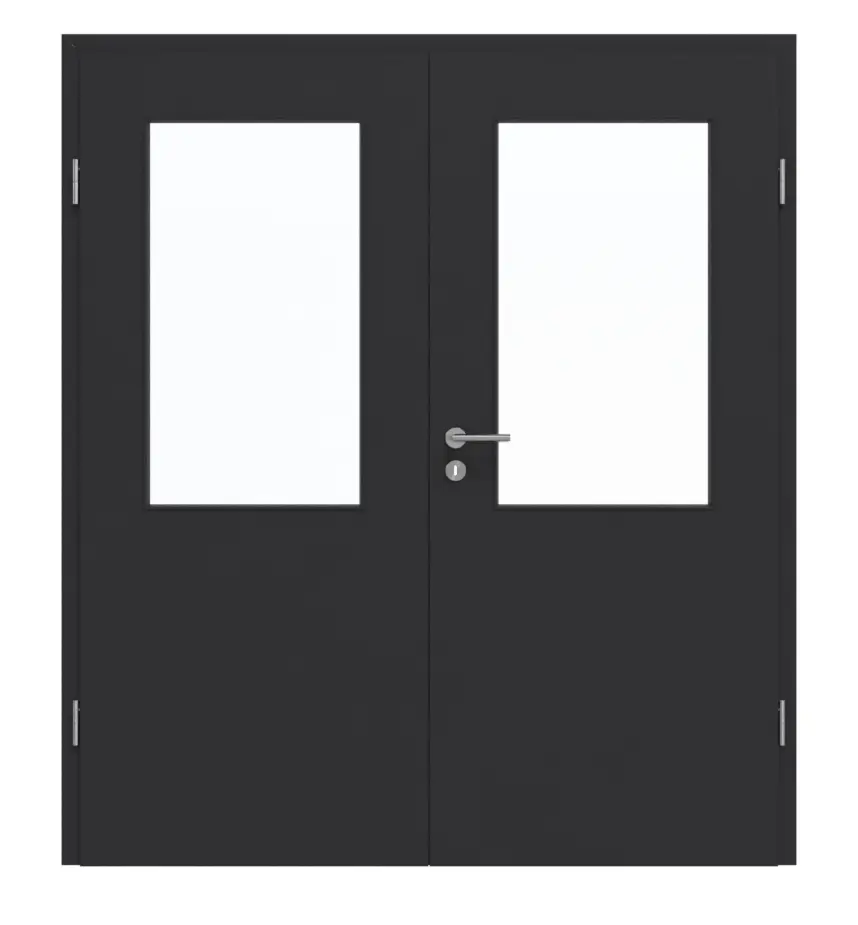 GARANT drzwi dwuskrzydłowe z ościeżnicą matowy RAL 9005 G-TEC z przeszkleniem LA-6