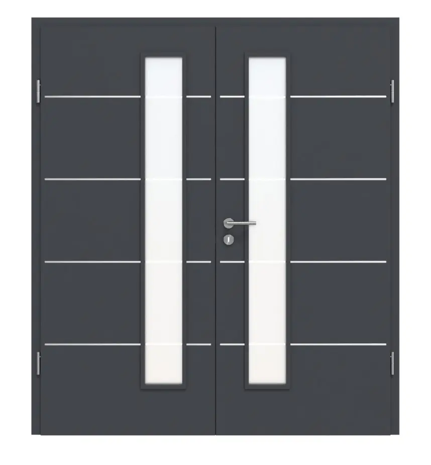 Widok frontowy marki CLASSEN drzwi dwuskrzydłowe Grafit CPL 4.12 z przeszkleniem i ościeżnicą