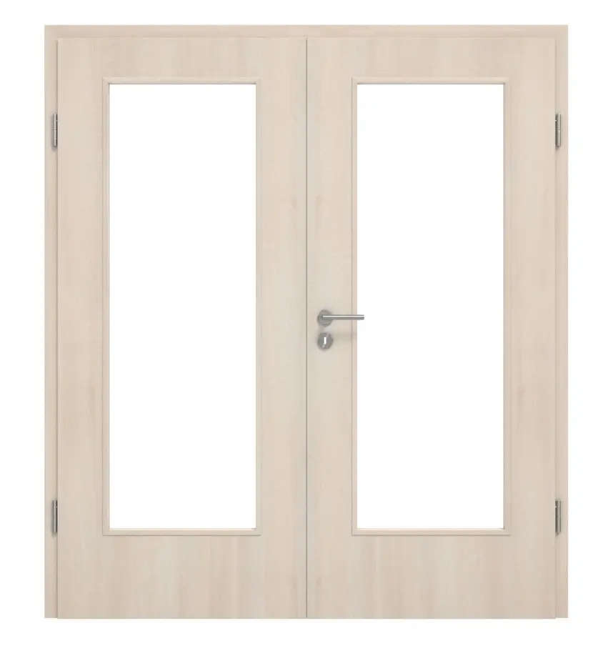 Widok frontowy drzwi dwuskrzydłowych LA 02 akacja jasna CPL z ościeżnicą - Classen