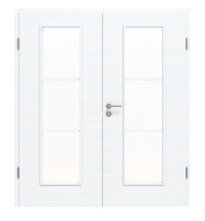 Widok frontowy drzwi dwuskrzydłowych CLASSEN biel ze strukturą CPL 4.5 z przeszkleniem i ościeżnicą