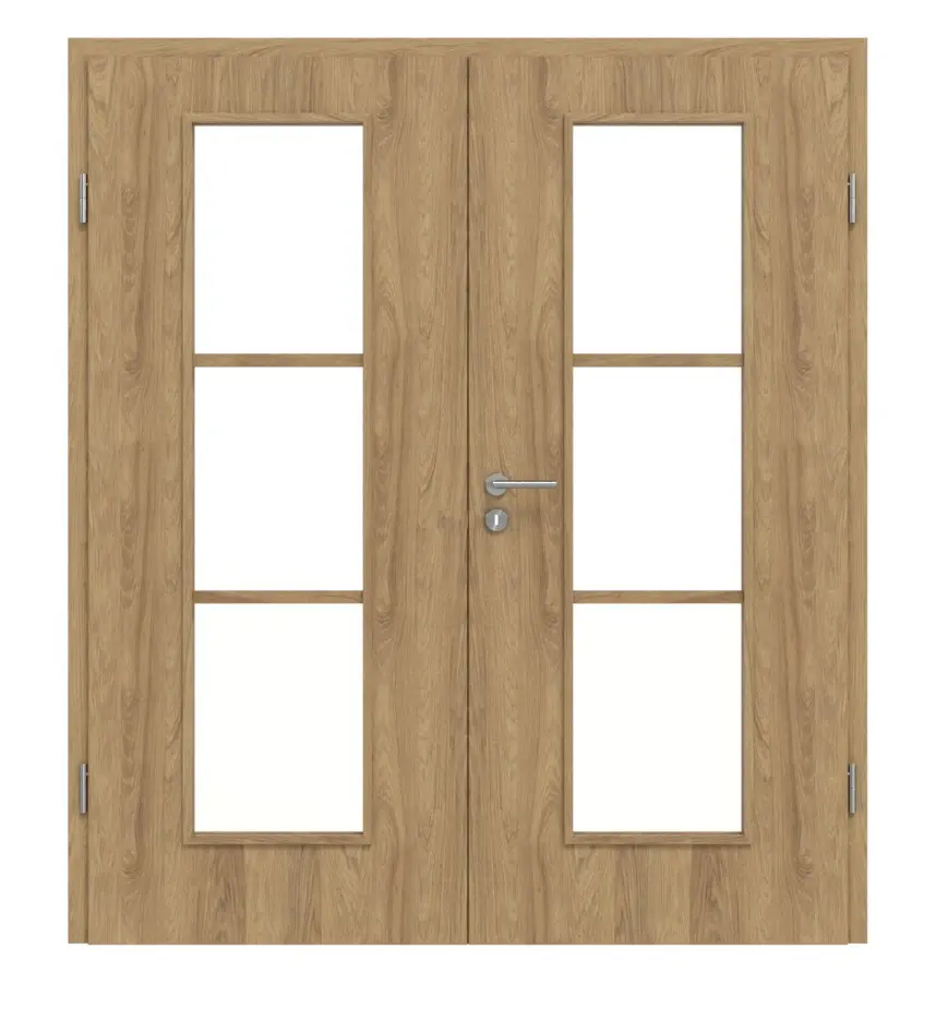 Widok frontowy firmy CLASSEN drzwi dwuskrzydłowe 4.5 orzesznik dąb CPL z przeszkleniem i ościeżnicą