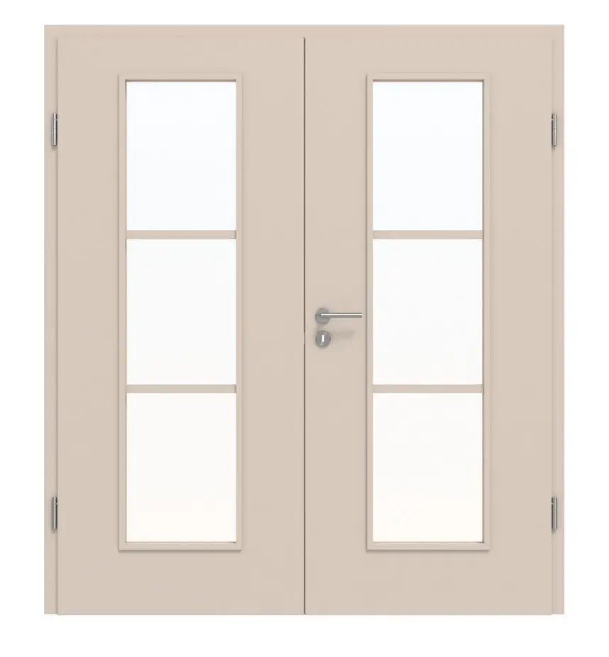 Widok frontowy drzwi dwuskrzydłowych CLASSEN Kaschmir CPL 4.5 z przeszkleniem i ościeżnicą.