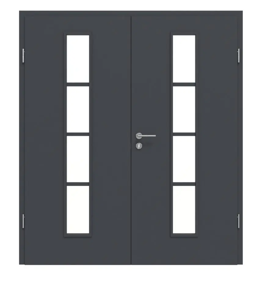 Widok frontowy drzwi dwuskrzydłowych CLASSEN Graphit CPL 4.6 z przeszkleniem i ościeżnicą.