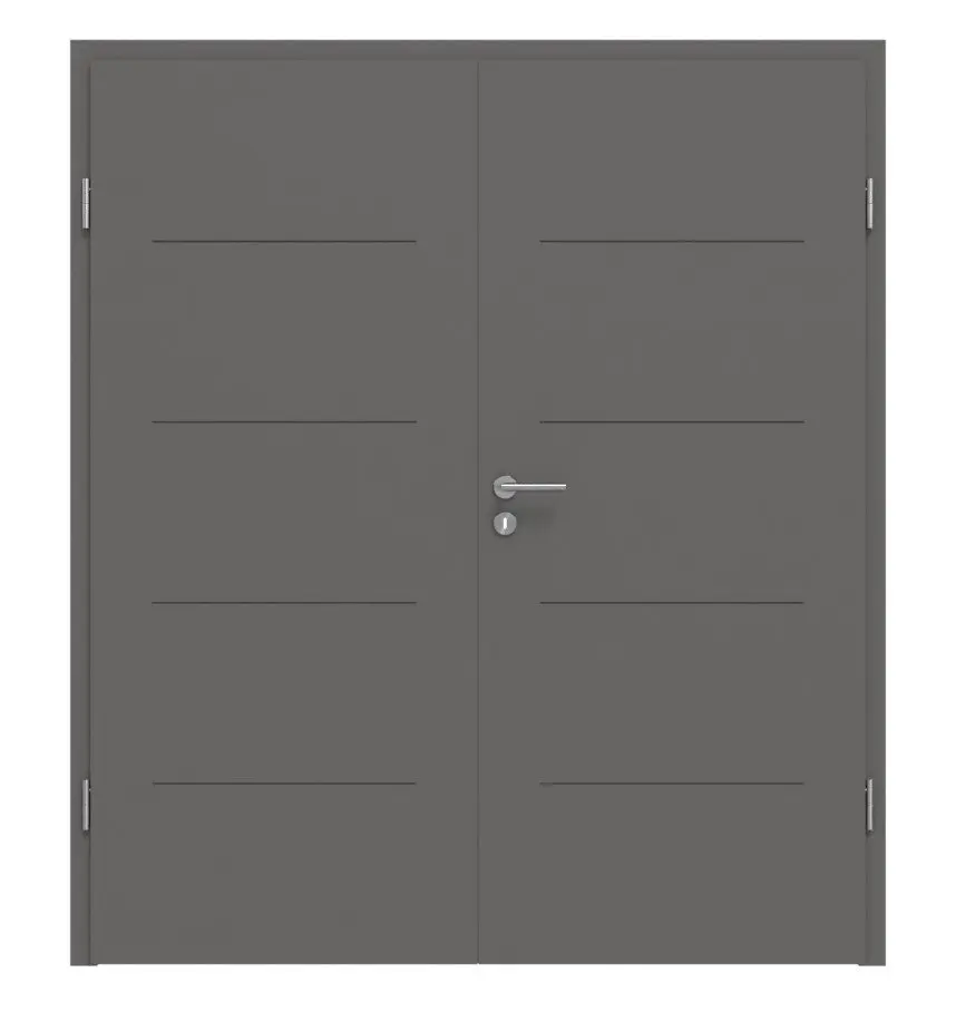 Widok frontowy firmy Huga drzwi dwuskrzydłowe Signum 14 Hygge szary RAL 7037 Lack Concept z ościeżnicą
