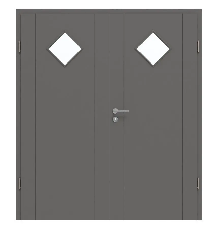 Widok frontowy drzwi dwuskrzydłowych marki Huga Signum 16 Hygge szary RAL 7037 Lack Concept z przeszkleniem LA 6 romb i ościeżnicą.