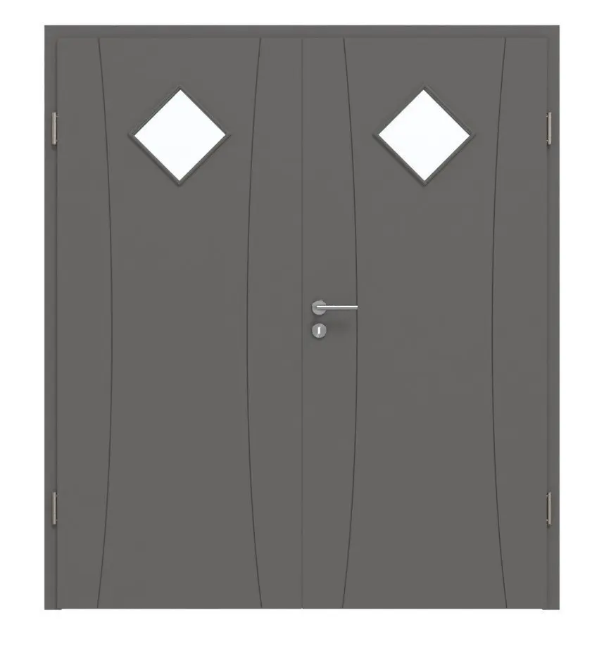 Widok frontowy drzwi dwuskrzydłowych marki Huga Signum 20 Hygge szary stalowy RAL 7037 Lack Concept z przeszkleniem LA 6 romb z ościeżnicą.