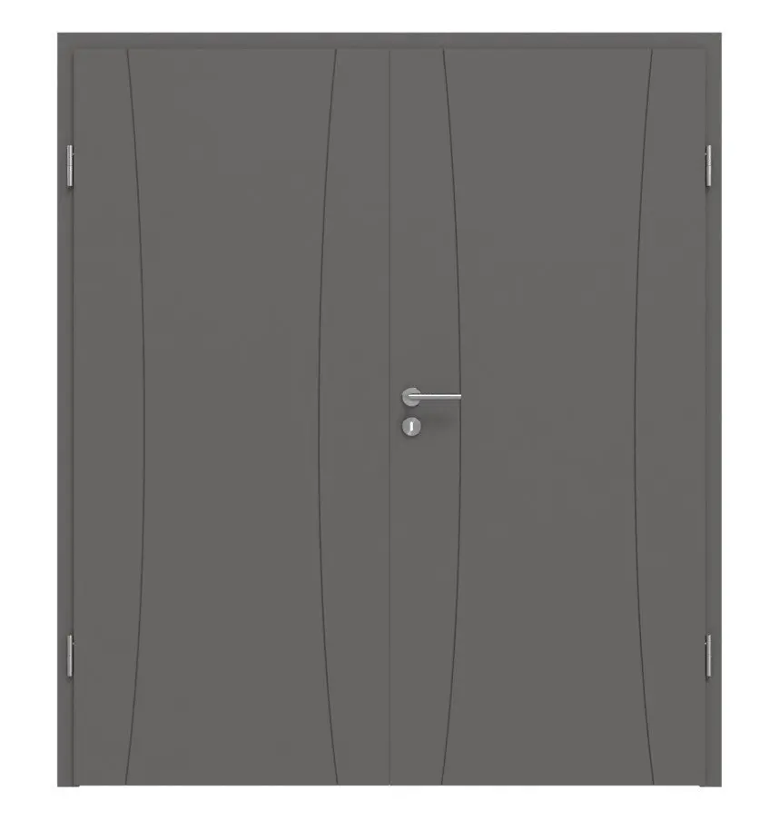 Widok frontowy drzwi dwuskrzydłowych Huga Signum 20 Hygge szary RAL 7037 Lack Concept z ościeżnicą.