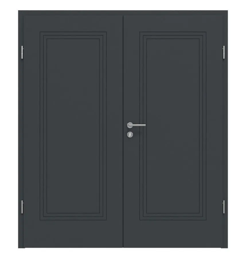 Widok frontowy drzwi dwuskrzydłowych Signum 21 Basic lakierowanych na kolor antracyt RAL 7016 z ościeżnicą - Huga