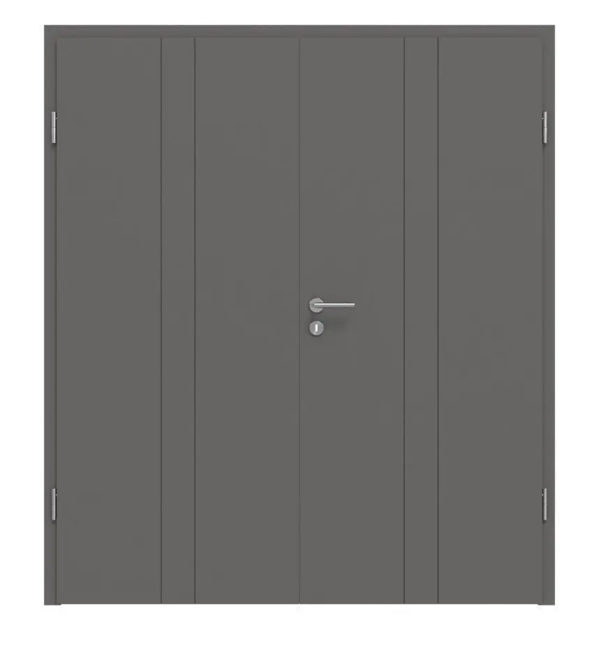 Widok frontowy marki Huga drzwi dwuskrzydłowe Signum 23 Hygge szary RAL 7037 Lack Concept z ościeżnicą