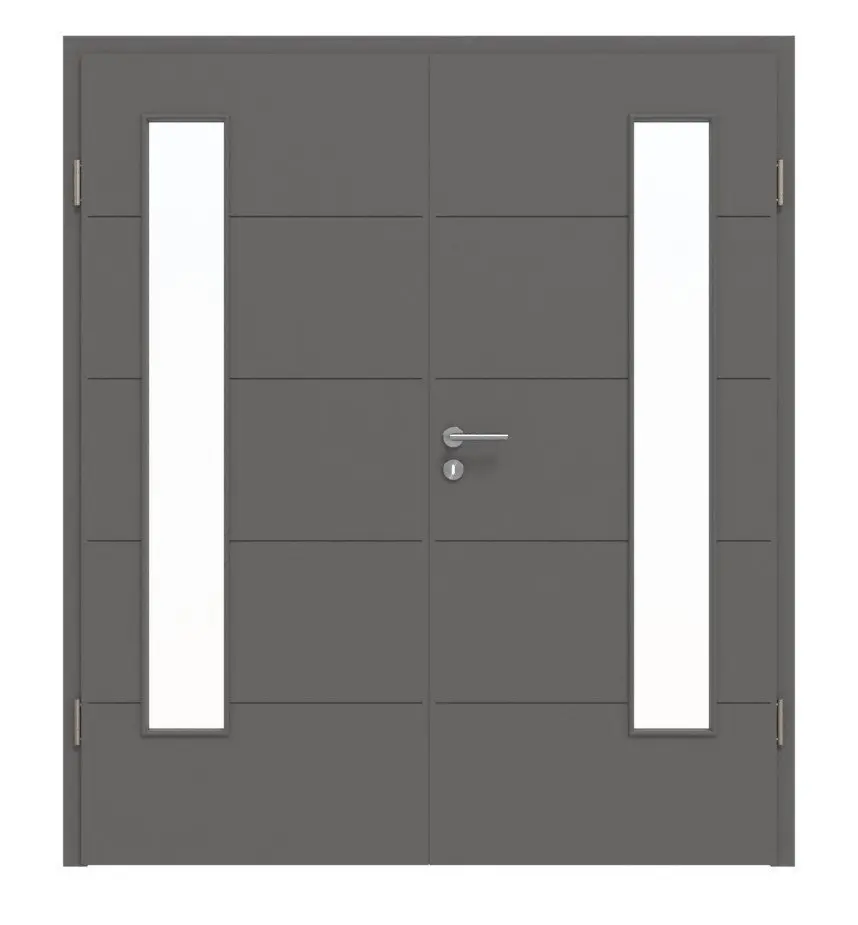 Widok frontowy drzwi dwuskrzydłowych Huga Signum 27 Hygge szary RAL 7037 Lack Concept z przeszkleniem LA 24 po stronie zawiasów z ościeżnicą.
