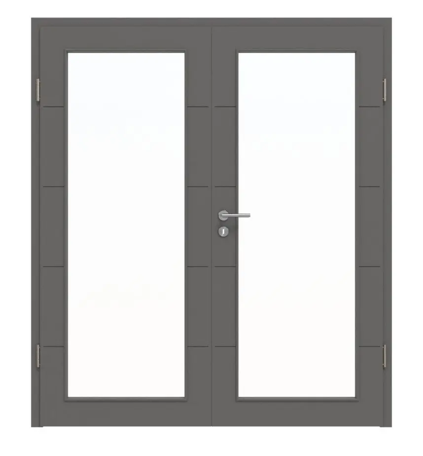Widok frontowy drzwi dwuskrzydłowych Huga Signum 27 Hygge szary RAL 7037 Lack Concept z przeszkleniem LA 27 i ościeżnicą