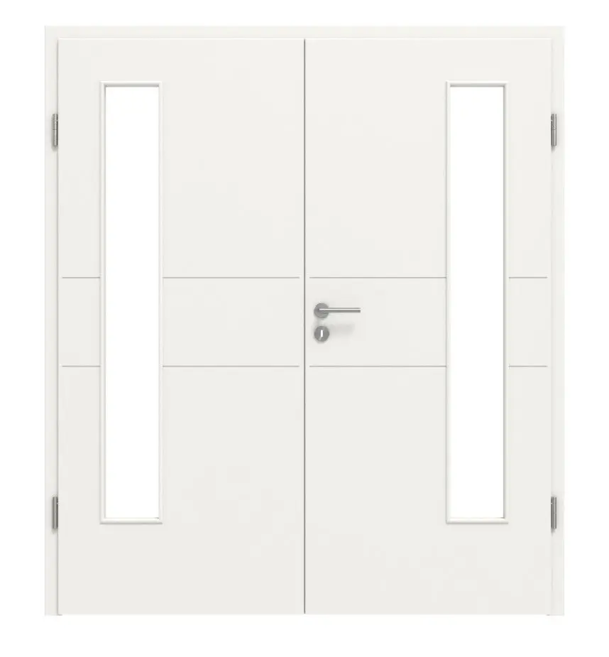 HÖRMANN drzwi dwuskrzydłowe Groove 29 biały lakier DesignLine z przeszkleniem LA 24 po stronie zawiasowej i ościeżnicą