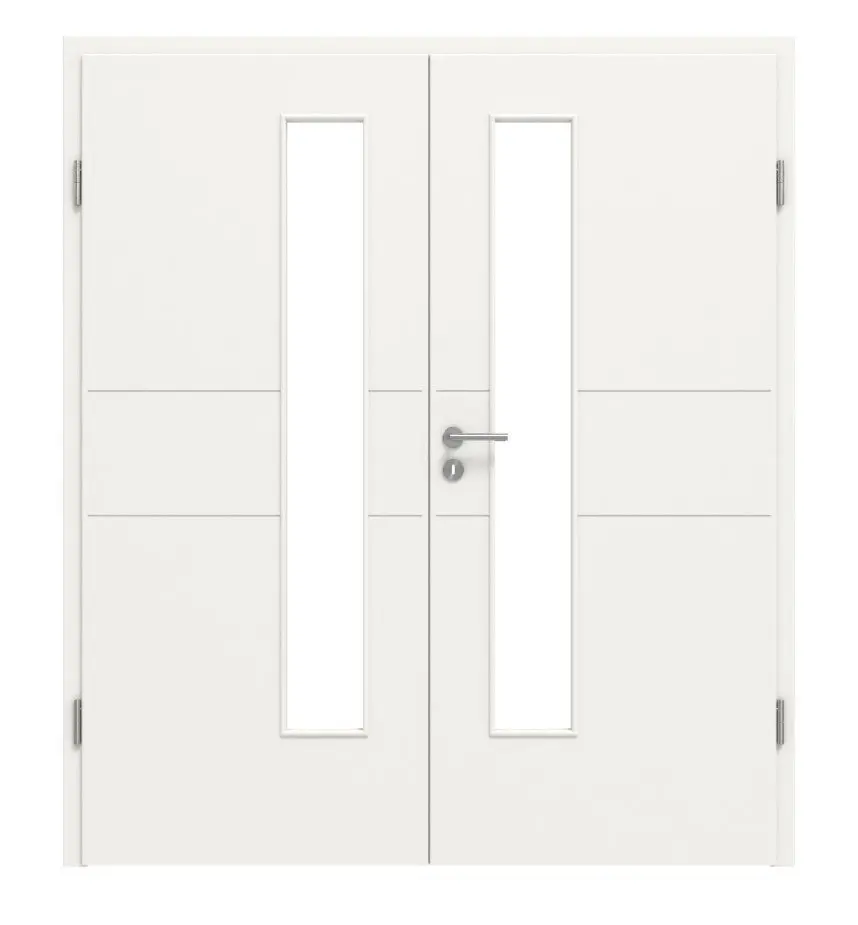 HÖRMANN drzwi dwuskrzydłowe Groove 29 biały lakier DesignLine z przeszkleniem LA 24 od strony zamka z ościeżnicą