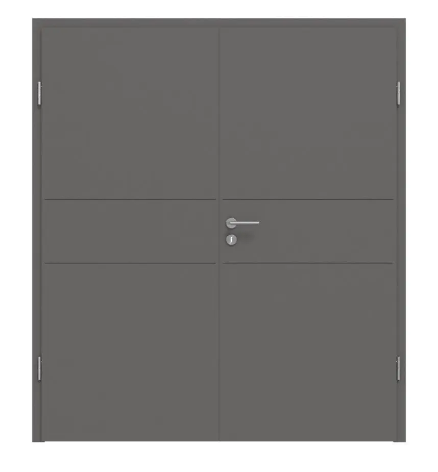 Widok frontowy drzwi dwuskrzydłowych Huga Signum 29 Hygge szary RAL 7037 Lack Concept z ościeżnicą