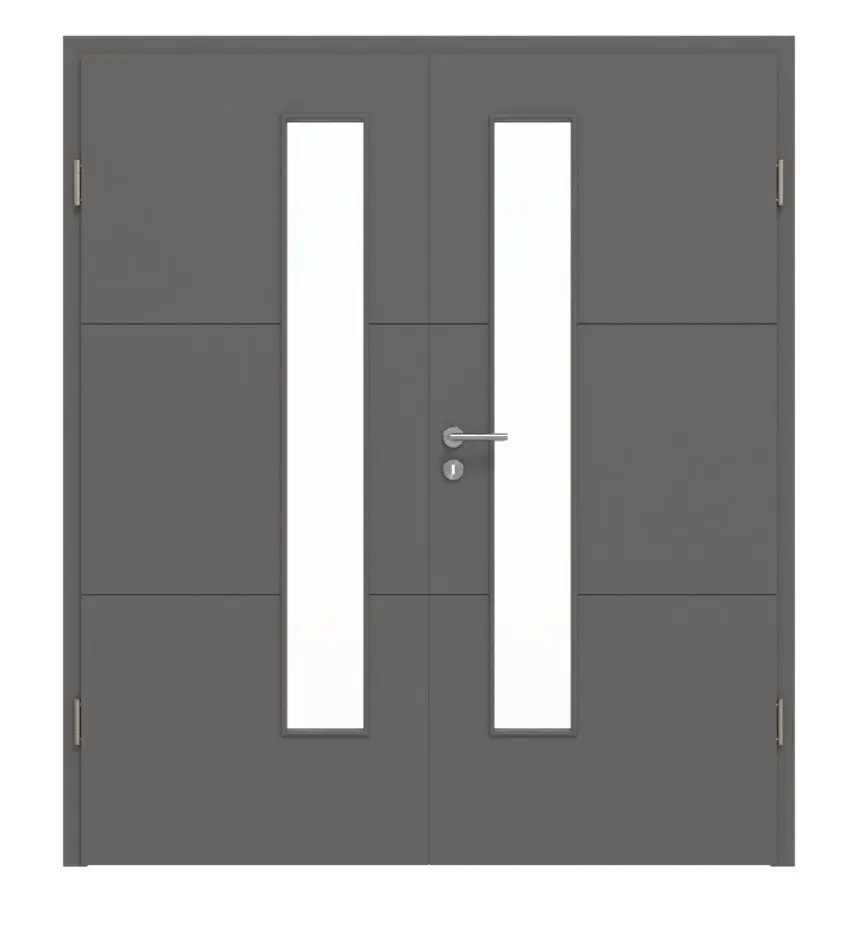 Widok frontowy drzwi dwuskrzydłowych Huga Signum 31 Hygge szary RAL 7037 Lack Concept z przeszkleniem LA 24 od strony zamka z ościeżnicą.
