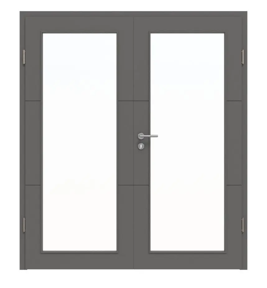 Widok frontowy drzwi dwuskrzydłowych Huga Signum 31 Hygge szary RAL 7037 Lack Concept z przeszkleniem LA 27 z ościeżnicą.