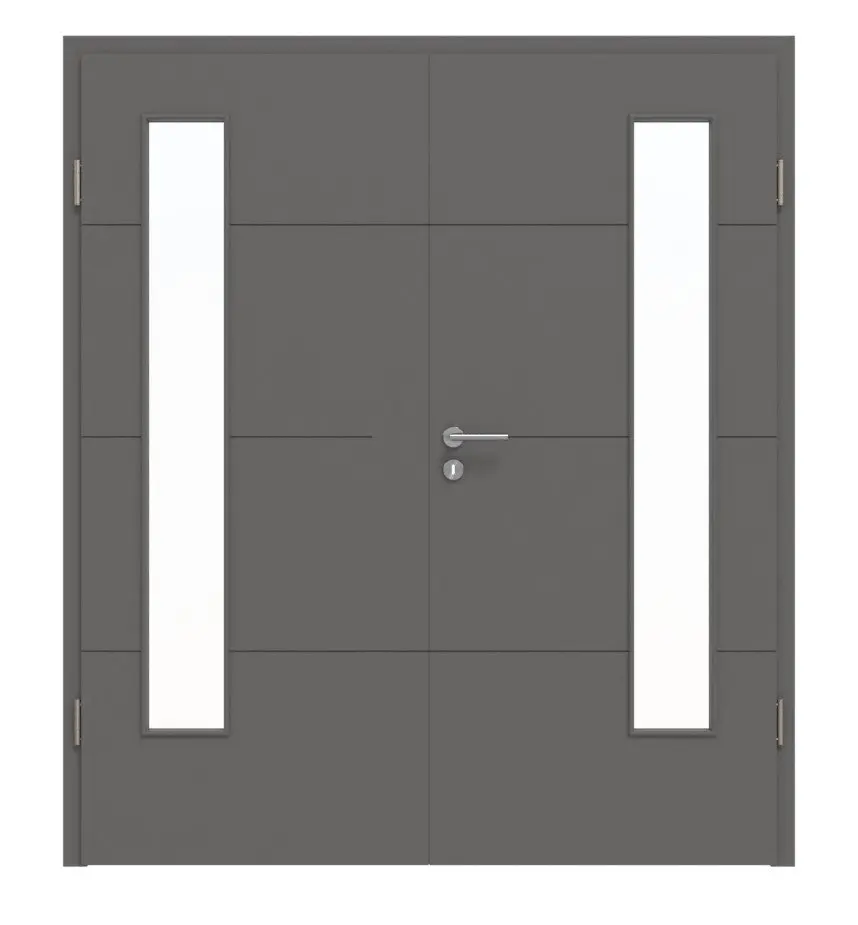 Widok frontowy drzwi dwuskrzydłowych Huga Signum 34 Hygge szary stalowy RAL 7037 Lack Concept z przeszkleniem LA 24 po stronie zawiasów z ościeżnicą