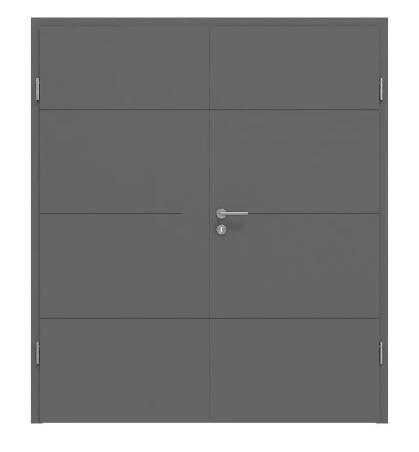 Widok frontowy drzwi dwuskrzydłowych Huga Signum 34 Hygge szary RAL 7037 Lack Concept z ościeżnicą