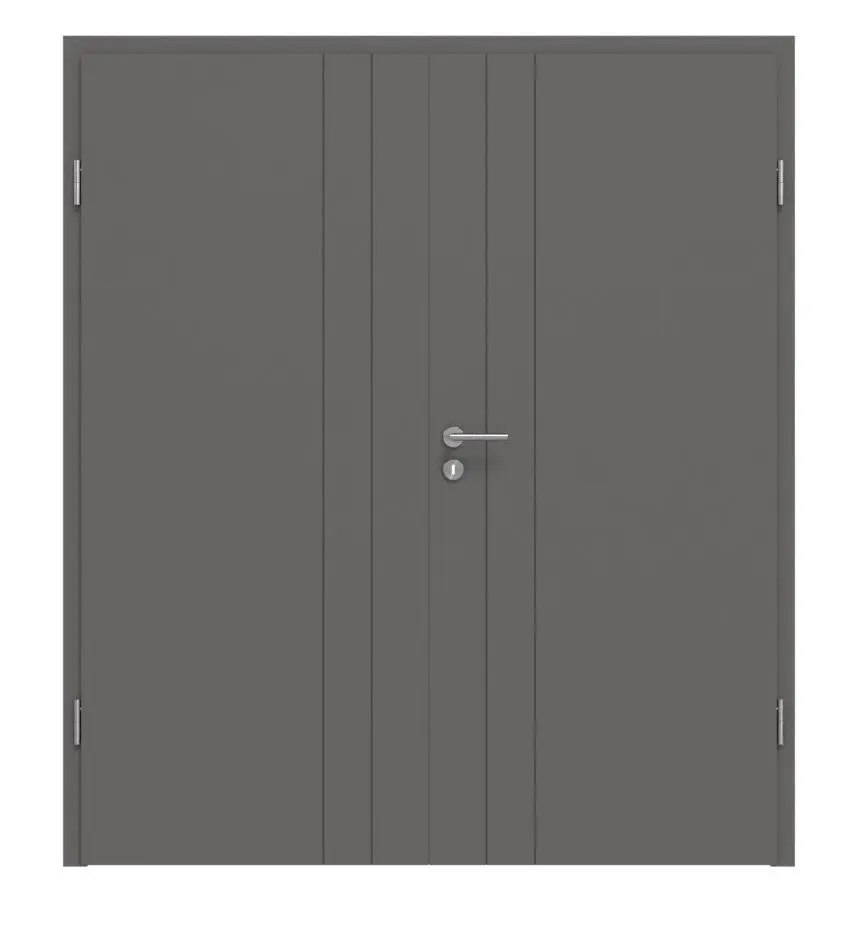 Widok frontowy drzwi dwuskrzydłowych Huga Signum 44 Hygge szary RAL 7037 Lack Concept z ościeżnicą