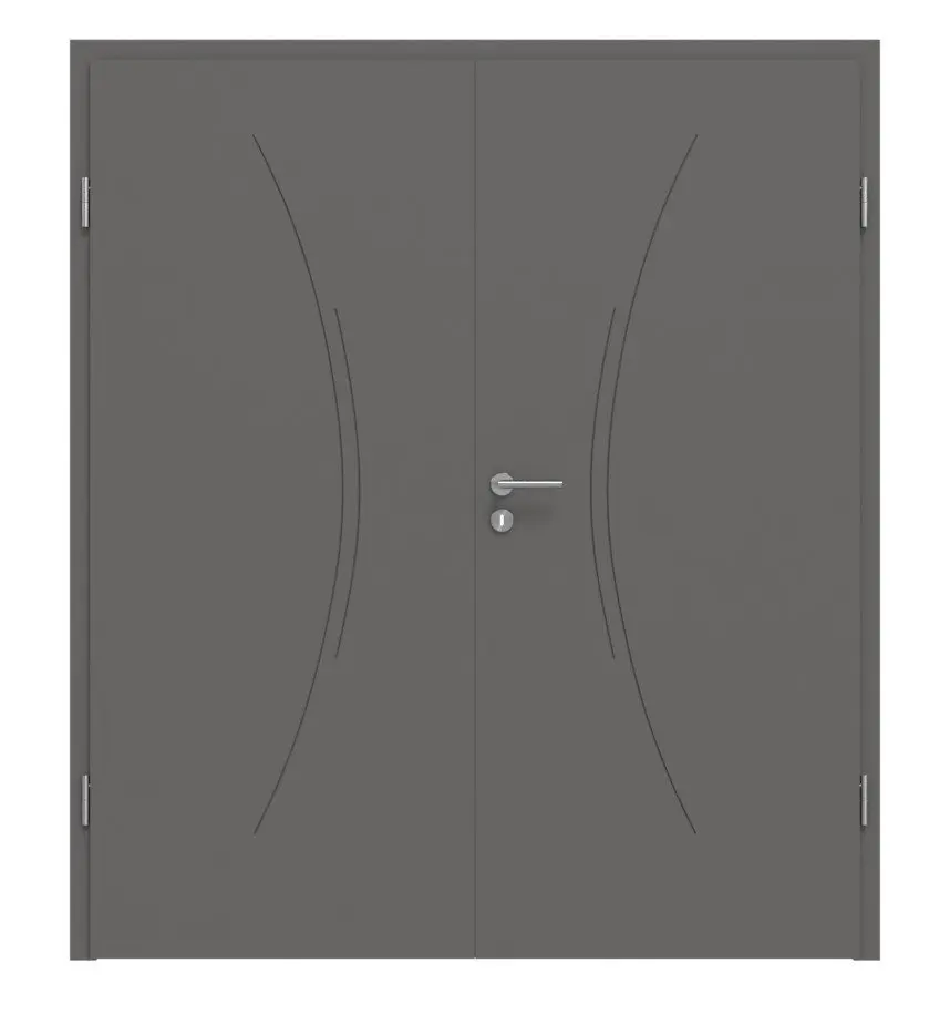Widok frontowy drzwi dwuskrzydłowych Huga Signum 49 Hygge szary RAL 7037 Lack Concept z ościeżnicą