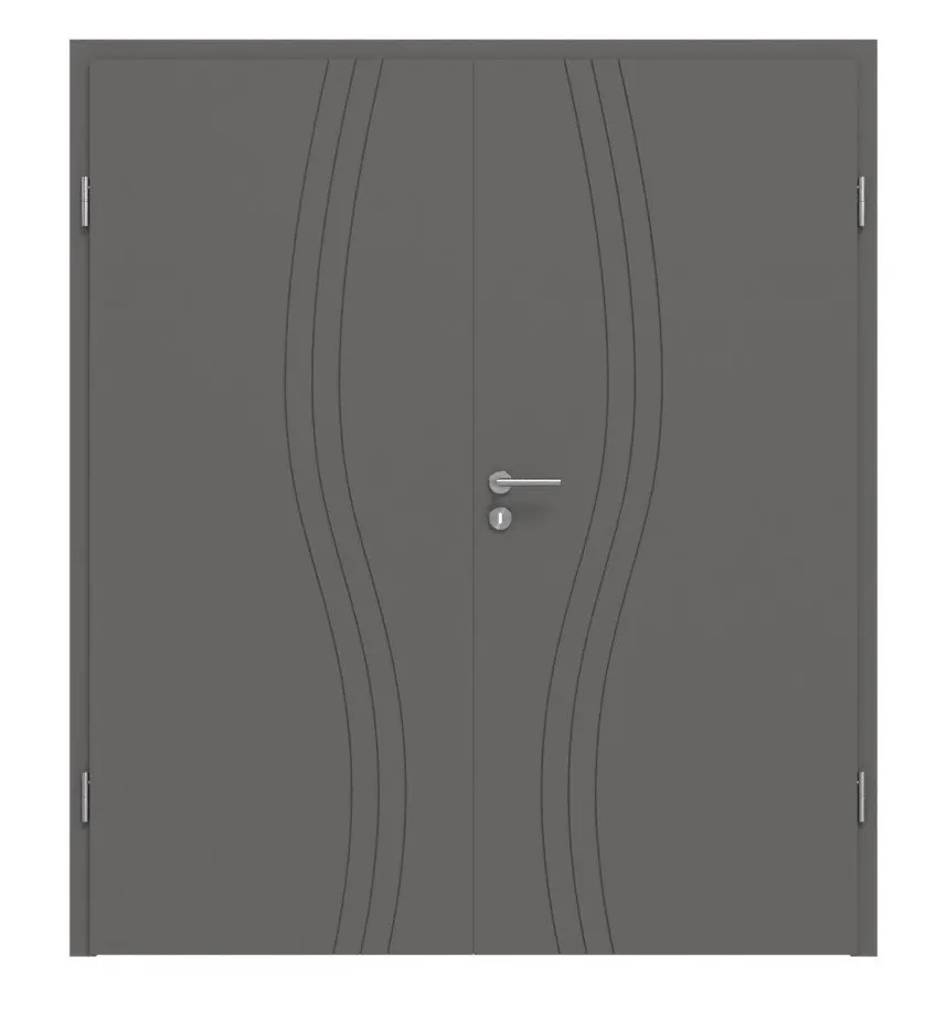 Widok frontowy drzwi dwuskrzydłowych Signum 53 Hygge marki Huga szary RAL 7037 Lack Concept z ościeżnicą