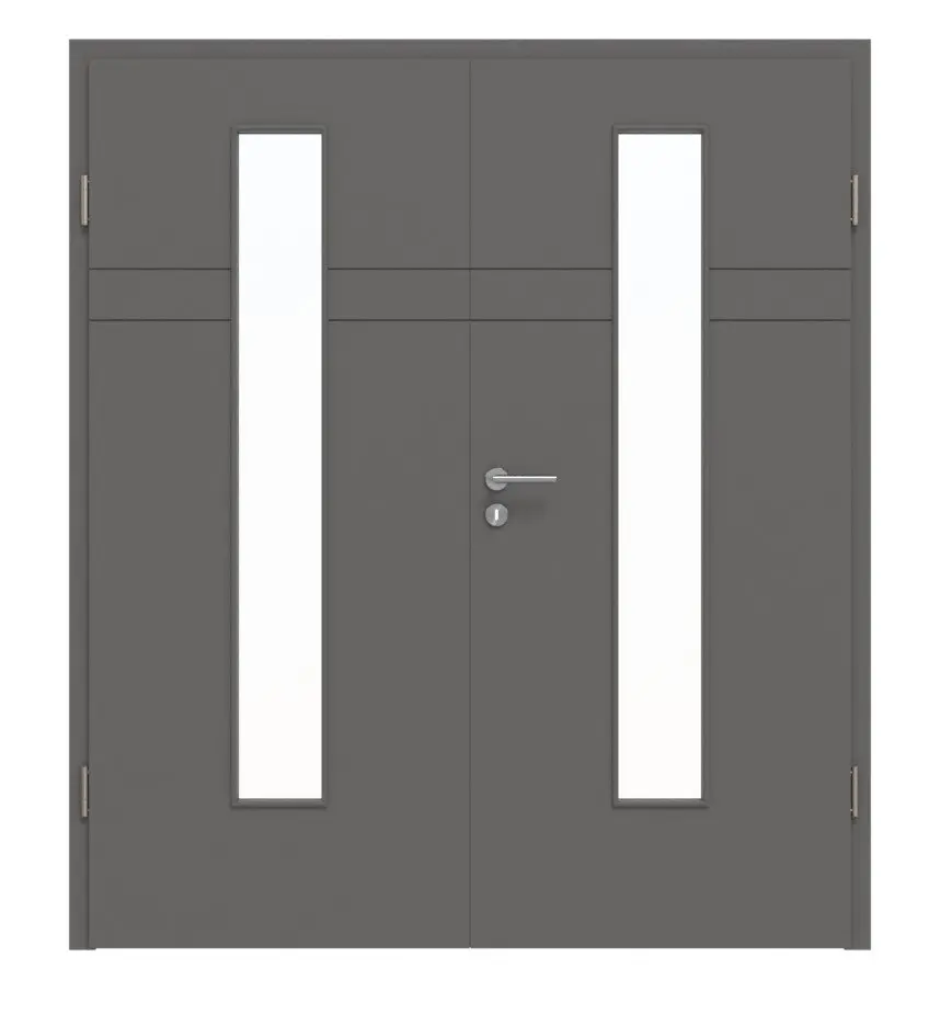 Widok frontowy marki Huga drzwi dwuskrzydłowe Signum 78 Hygge szary RAL 7037 lakier Concept z przeszkleniem LA 24 na środku z ościeżnicą