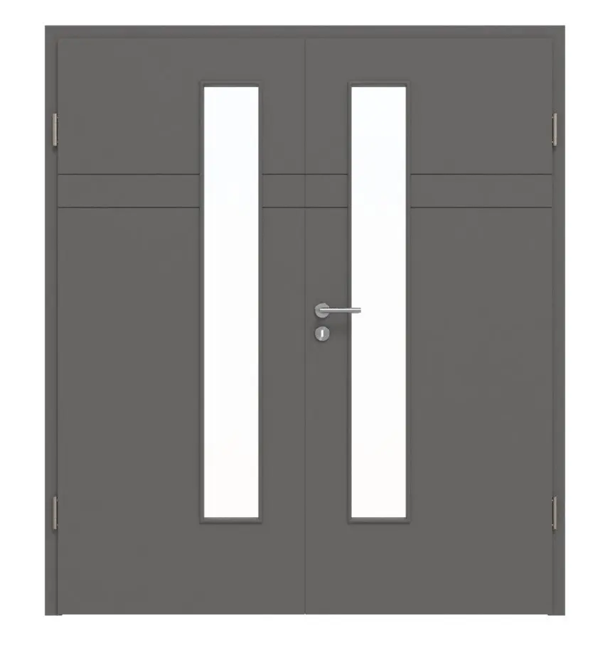Widok frontowy drzwi dwuskrzydłowych marki Huga Signum 78 Hygge szary RAL 7037 Lack Concept z przeszkleniem LA 24 od strony zamka z ościeżnicą.