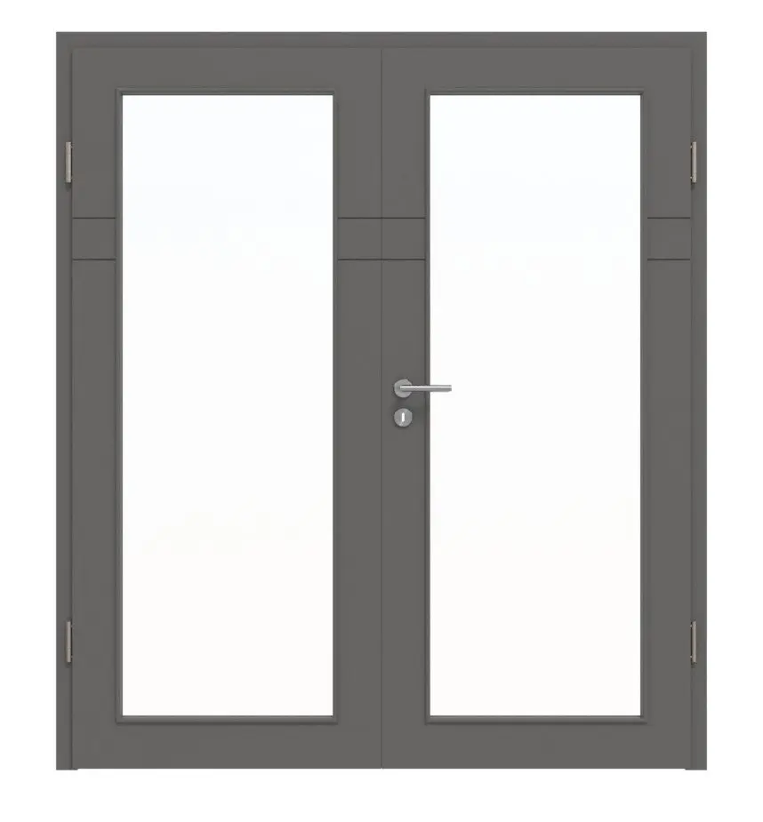 Widok frontowy firmy Huga drzwi dwuskrzydłowe Signum 78 Hygge szary RAL 7037 Lack Concept z przeszkleniem LA 27 z ościeżnicą