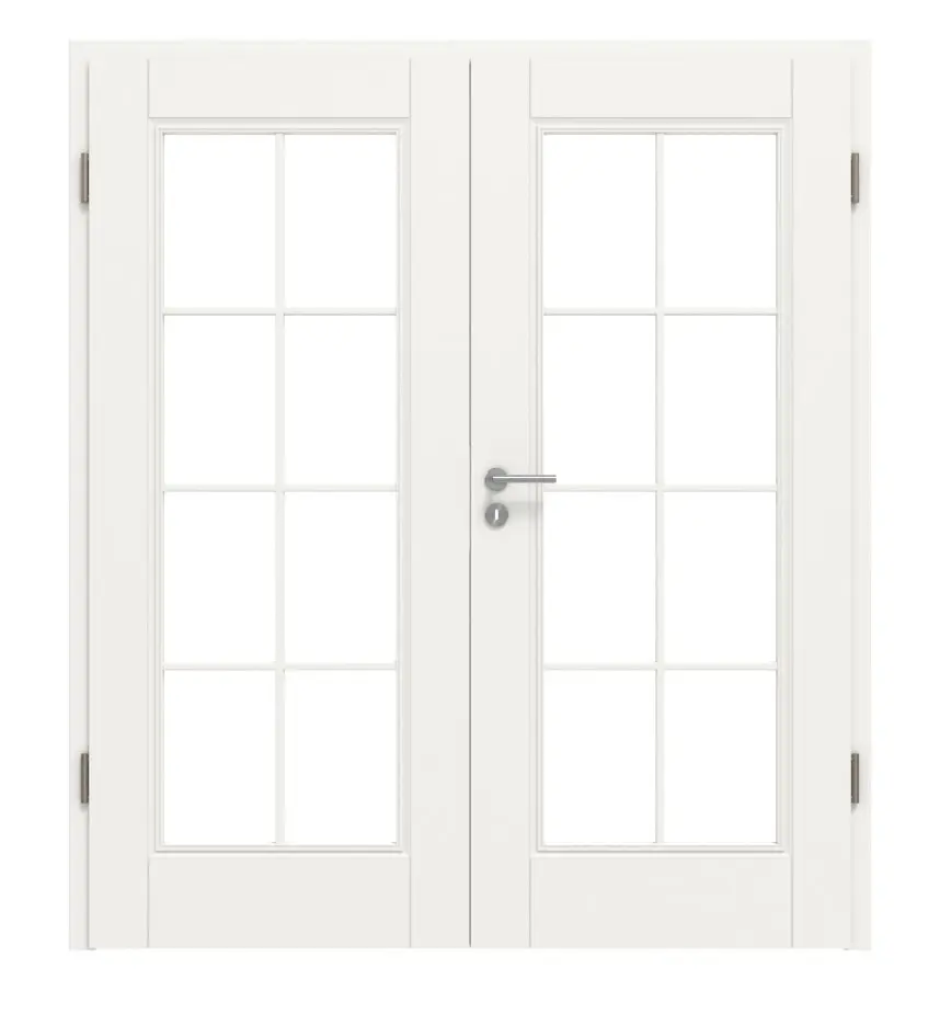 Widok frontowy drzwi dwuskrzydłowych Kontur 1 LA szpros 2/4 klasyczny biały lakier z ościeżnicą - Huga