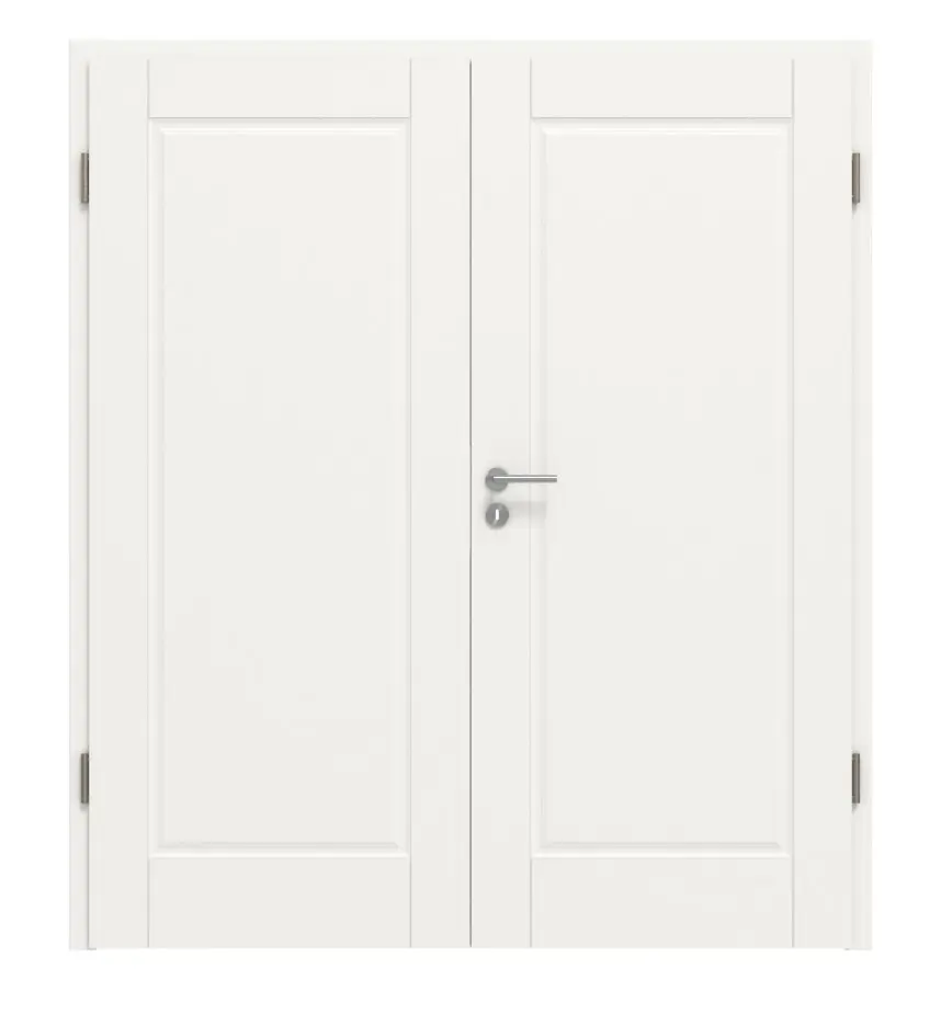 Widok frontowy drzwi dwuskrzydłowych Kontur 1, klasyczny biały lakier, z ościeżnicą - Huga